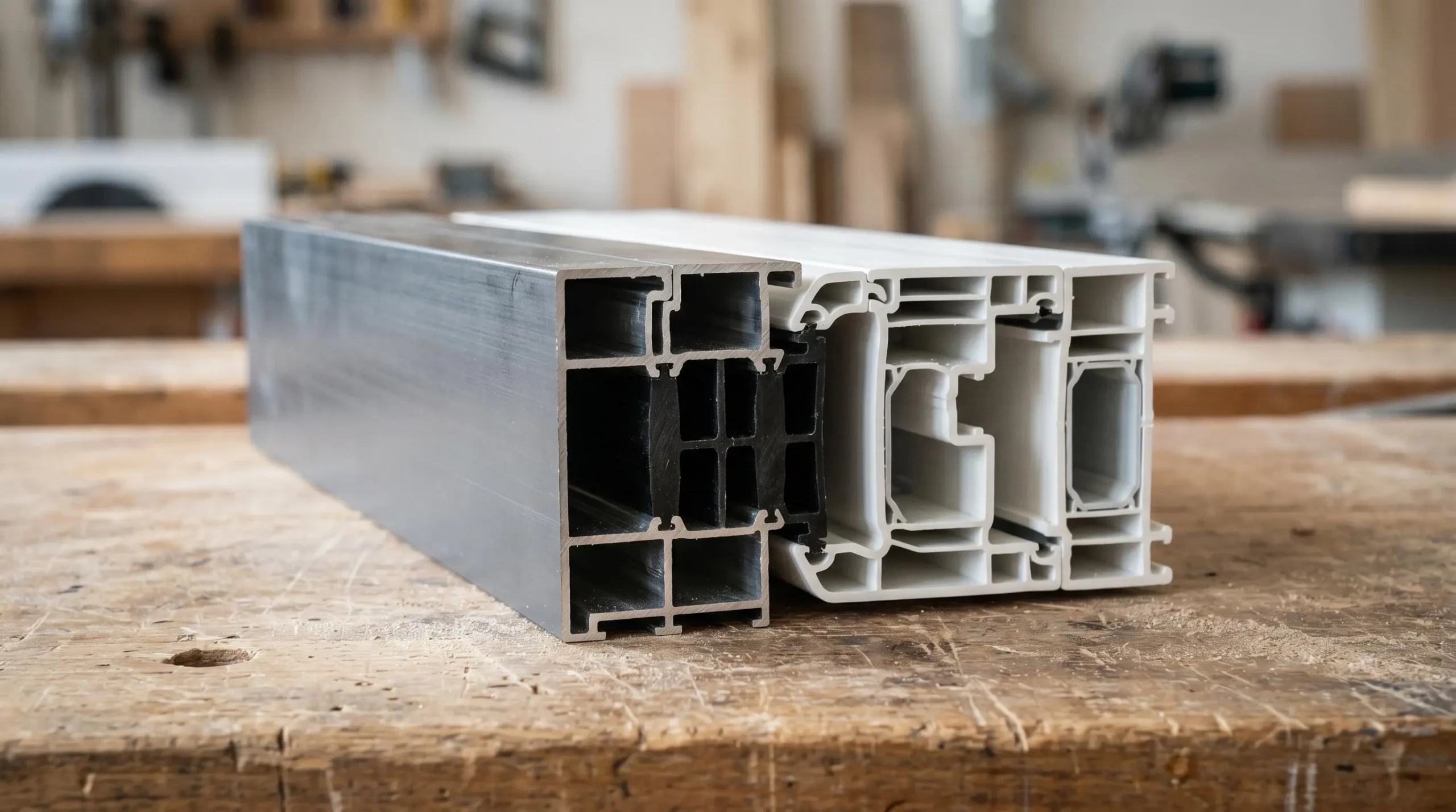 Coupe transversale d'un profilé de fenêtre hybride montrant la couche extérieure aluminium gris, la zone de rupture thermique centrale et la couche intérieure PVC blanc
